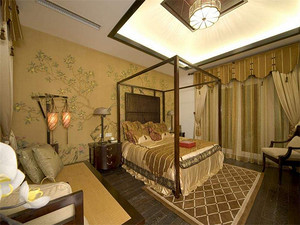 中式两居室卧室背景墙装修效果图