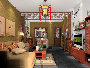 中式风格一居室客厅吊顶装修图