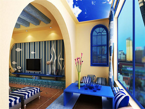 地中海风格两居室客厅阳台装修效果图