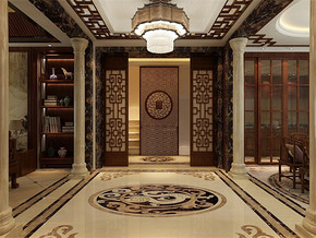 中式别墅客厅玄关装修效果图